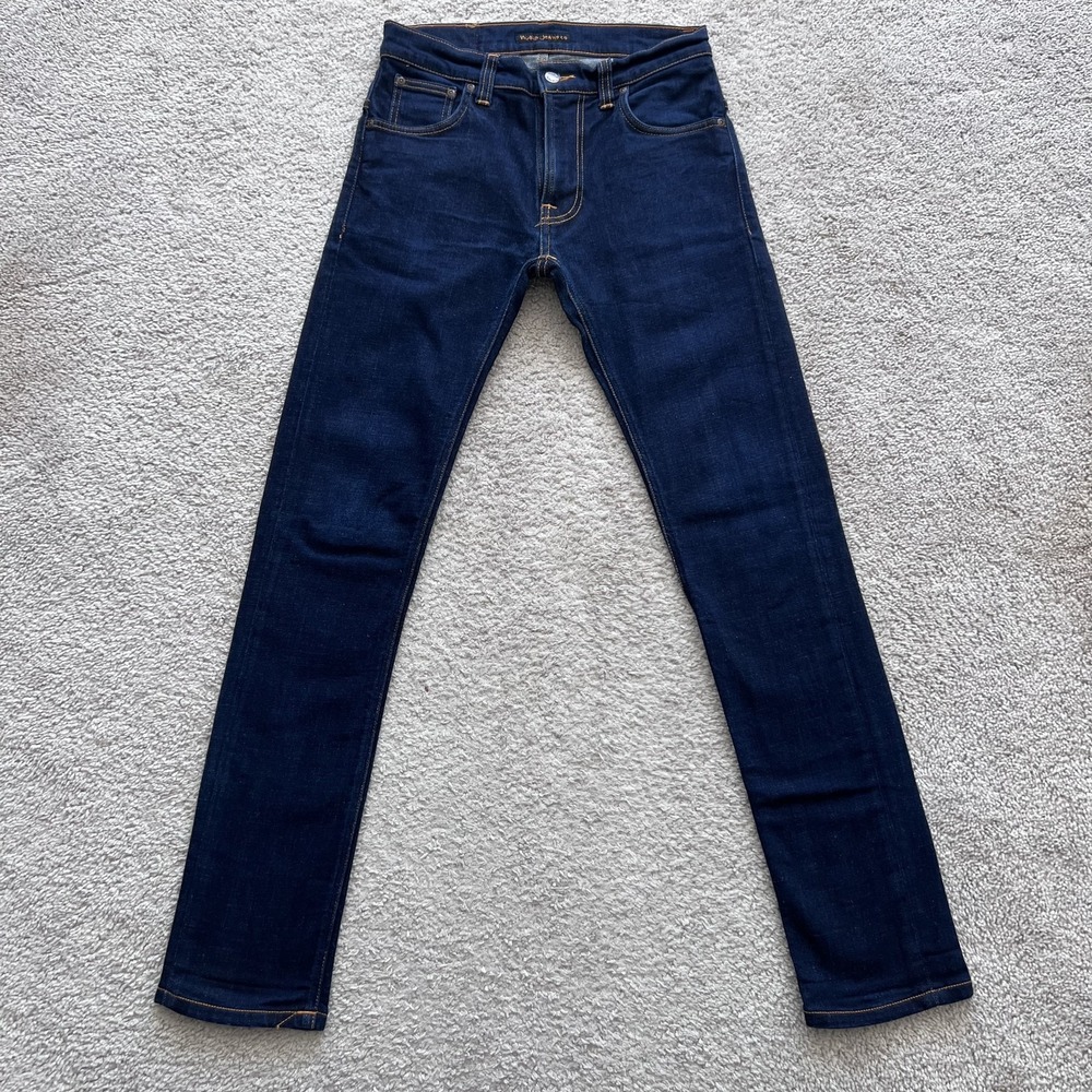 Nudie Jeans Co Thin Finn Jeans Mens 30x30 Blue Dark Orange Slim Stretch Denim